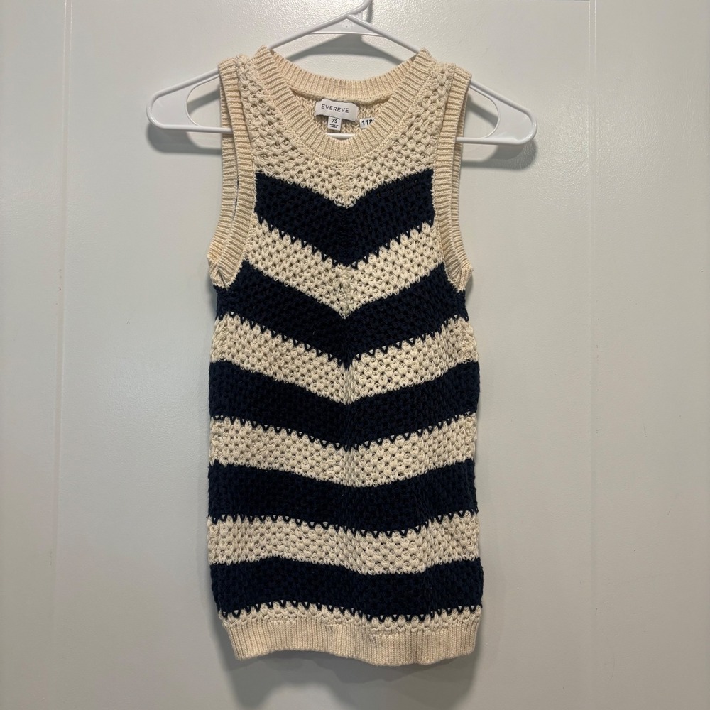 Evereve Womens XS Cotton Crochet Knit Striped Sleeveless Sweater Tank Top Navy